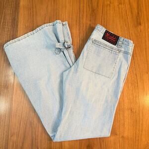 Vintage 90s Y2K Mudd Jeans Size 9 Low Rise Flare Bell Brass Buckle Light Wash